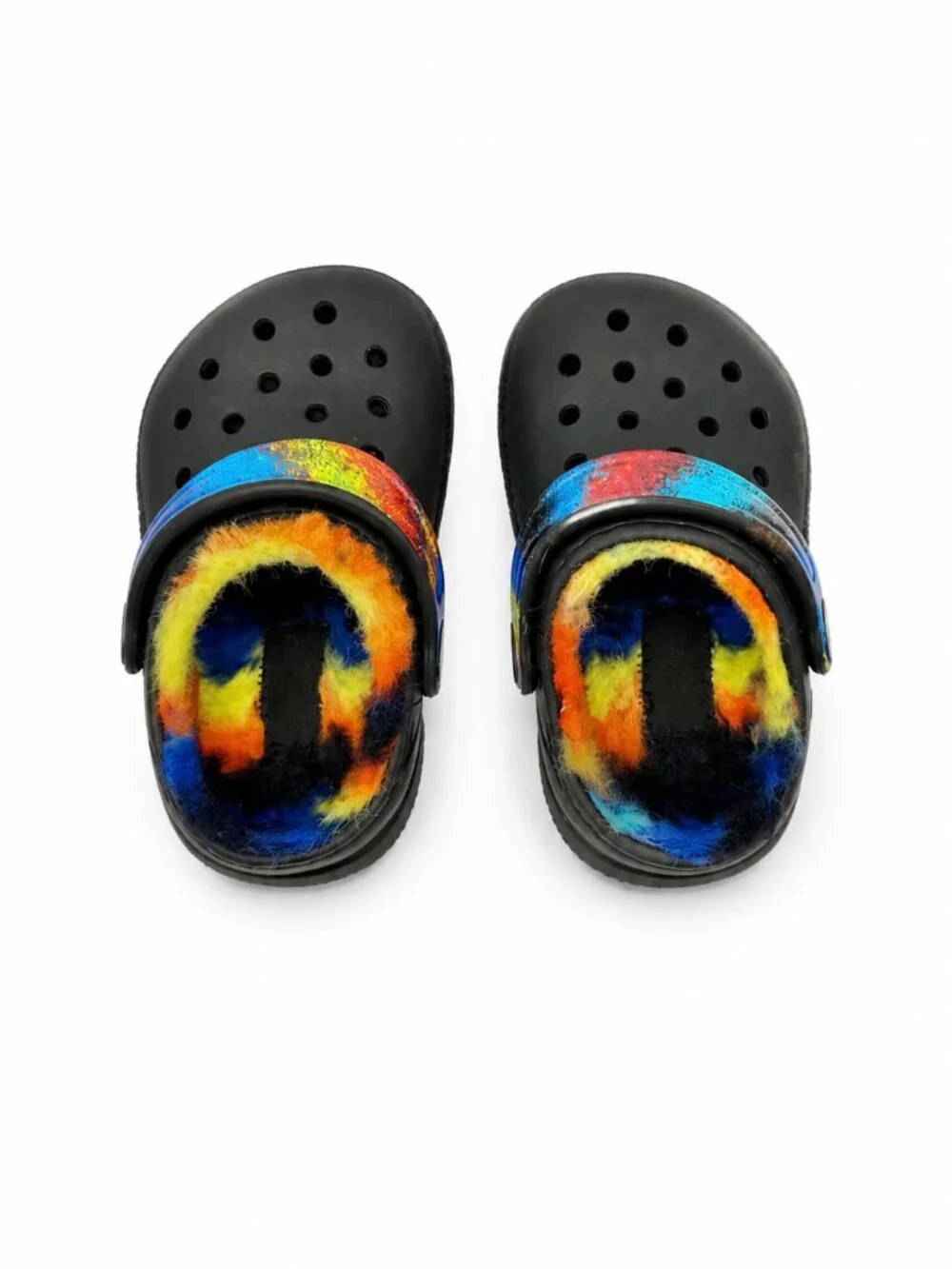 Crocs Toddler Black Fuzzy Lined Clogs Multicolor Strap Size 5